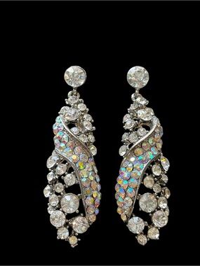 Vintage Rhinestone Drop Earrings Aurora Borealis Crystal Silver Tone Glam